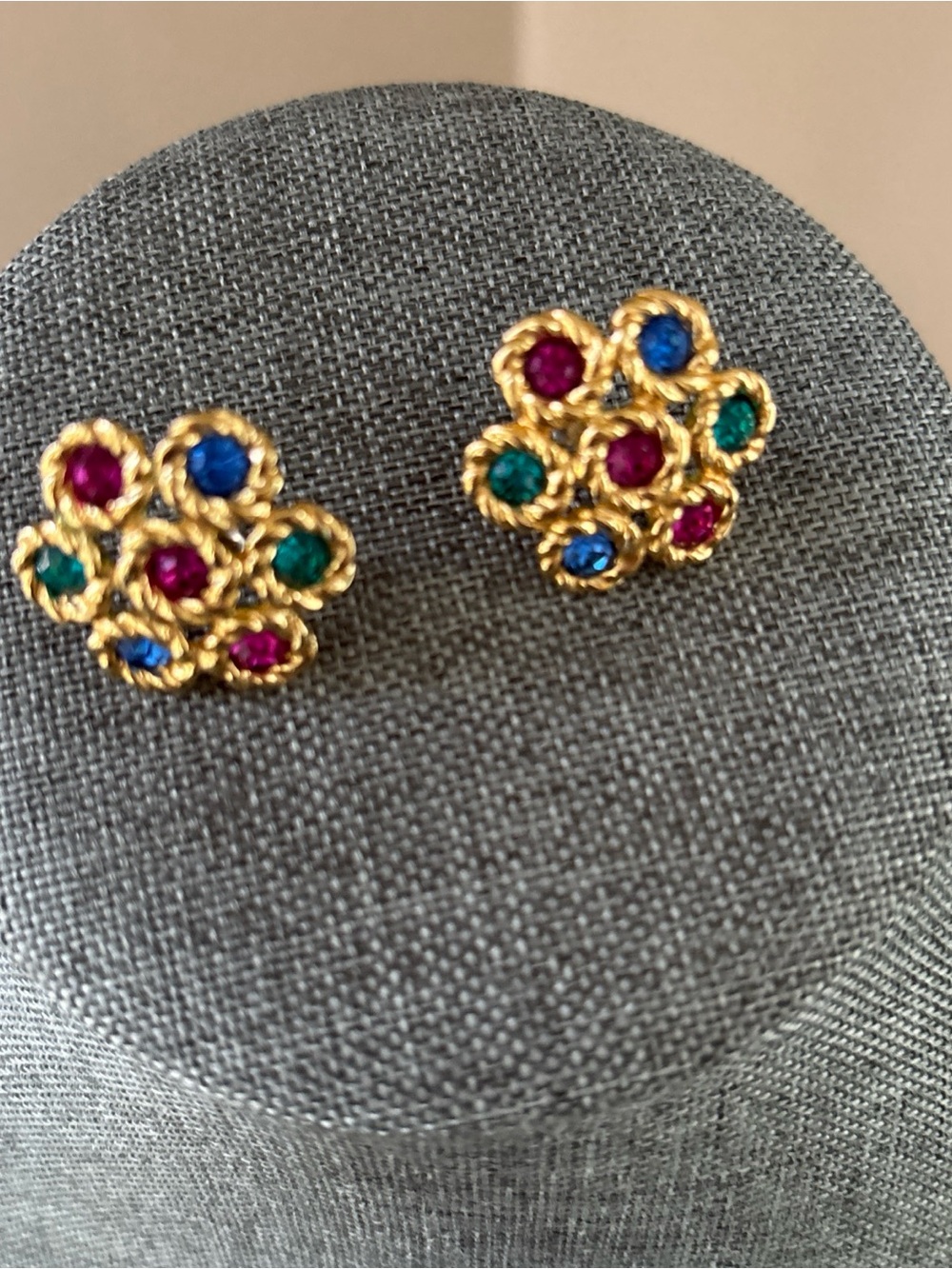 Swarovski Gold Flower Cluster Stud Earrings with Blue, Green & Pink Crystals